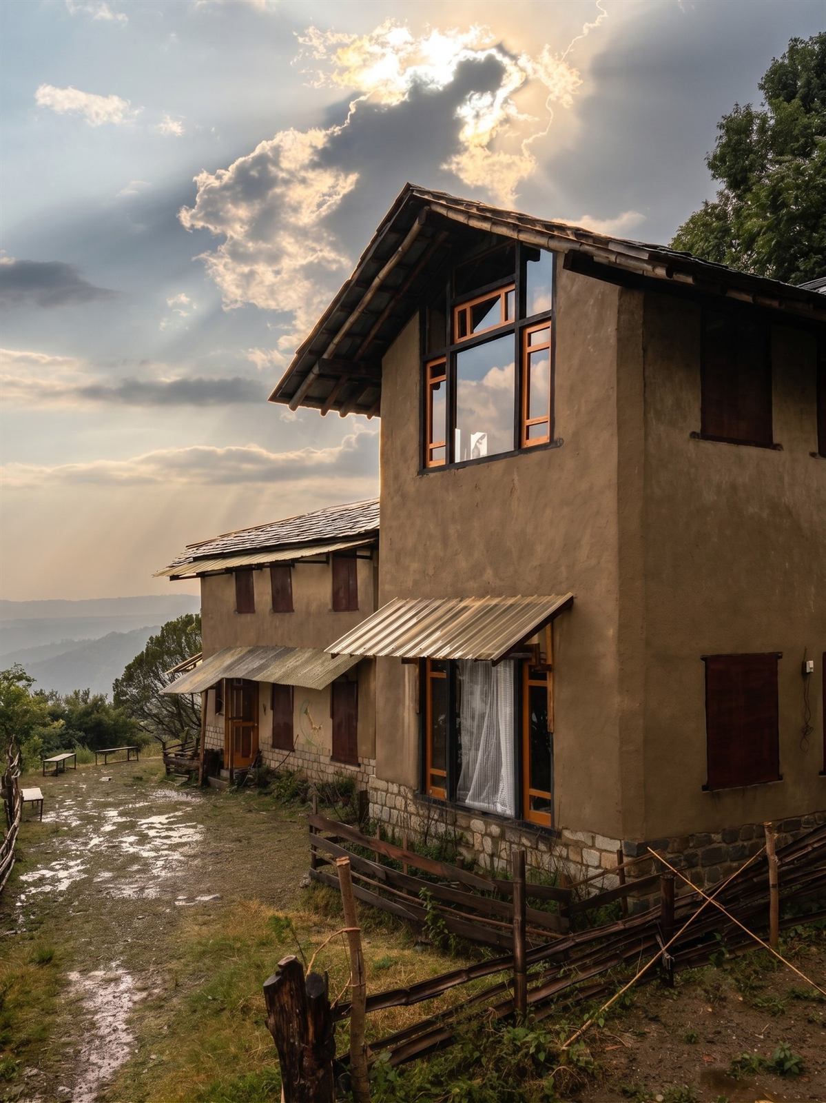 Dharmalaya campus at golden hour — earthen walls on a stone plinth with a slate roof