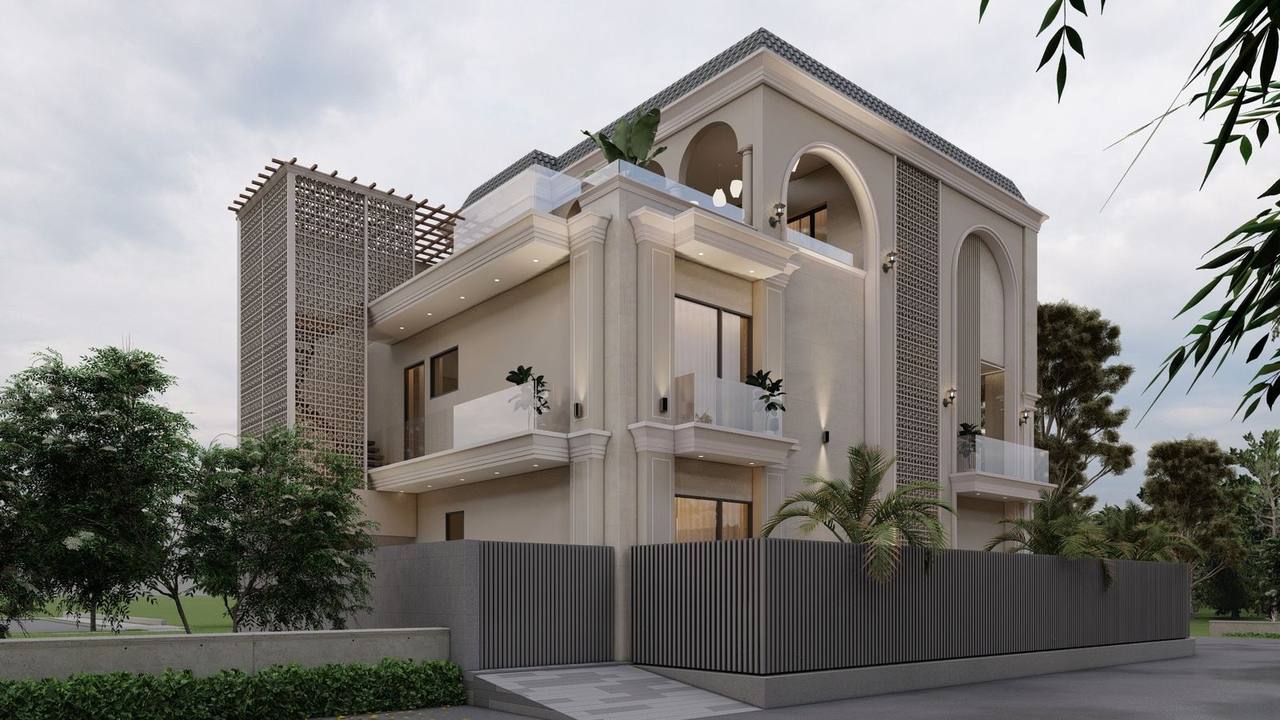 Residence 7436 — corner view with jaali screen tower